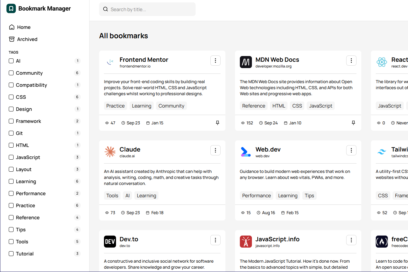 screenshot of the bookmark manager app