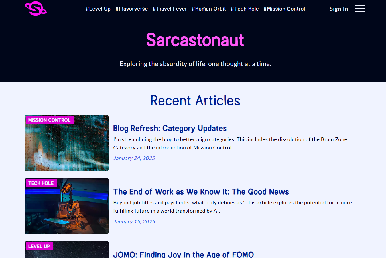 screenshot of the sarcastonaut blog